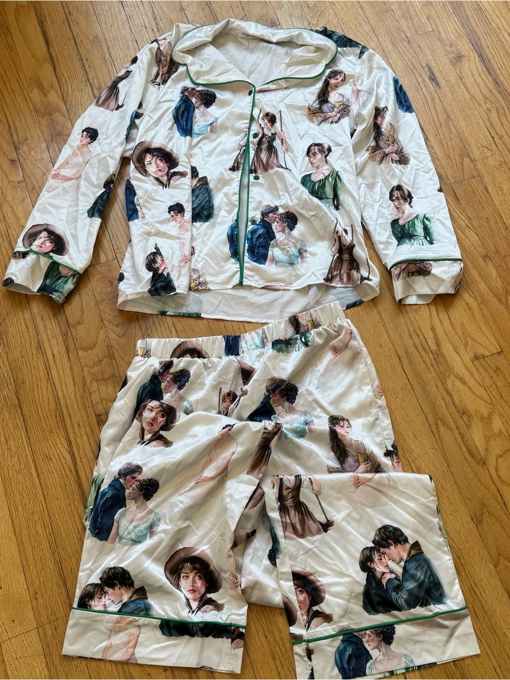 Cream Pride & Prejudice Women's Pajama Set with Green Trim